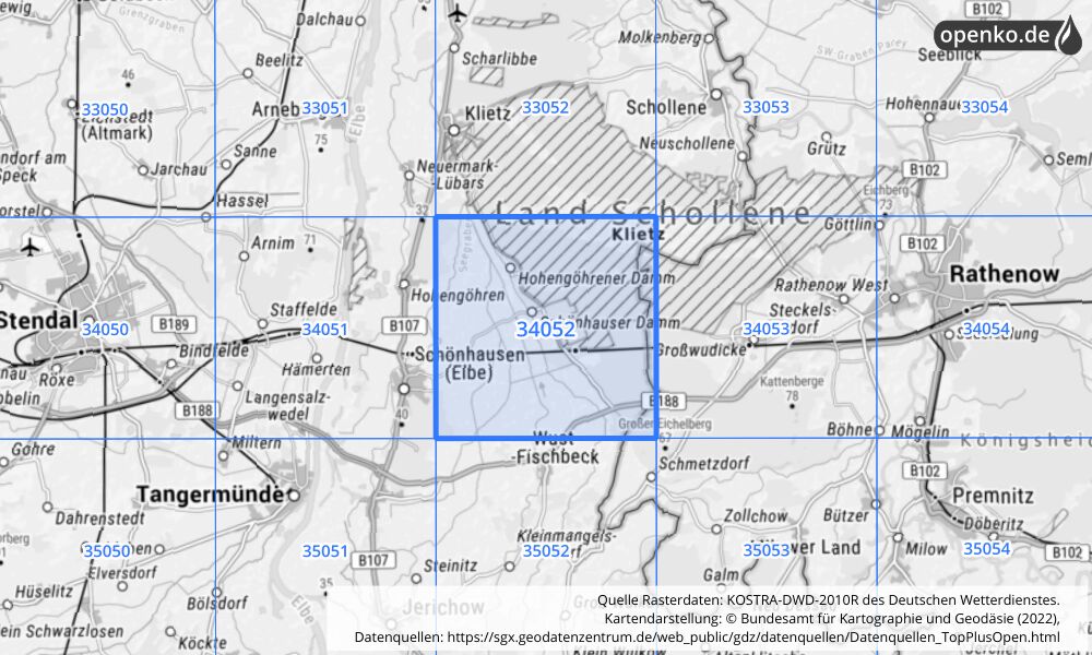 Übersichtskarte KOSTRA-DWD-2010R Rasterfeld Nr. 34052 mit angrenzenden Feldern