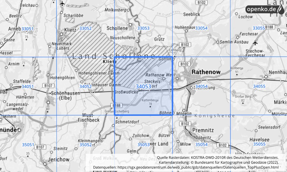 Übersichtskarte KOSTRA-DWD-2010R Rasterfeld Nr. 34053 mit angrenzenden Feldern