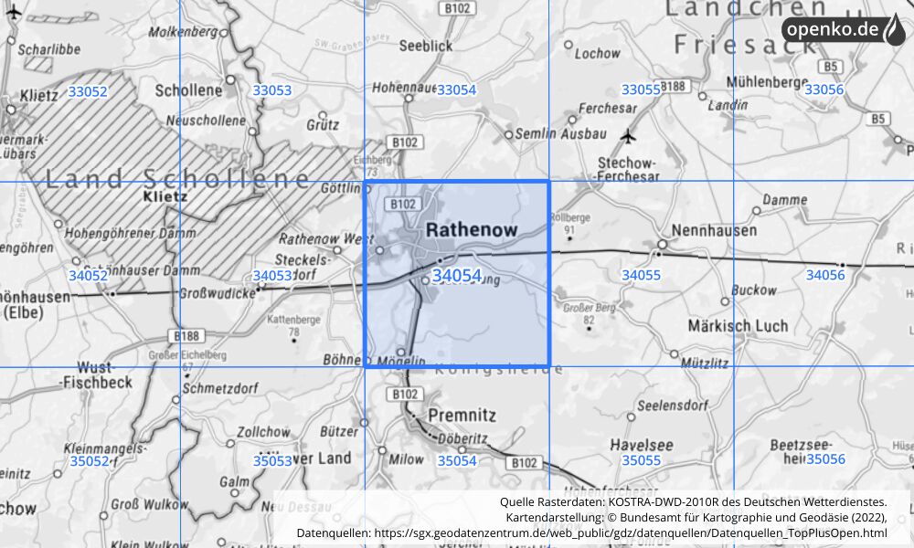 Übersichtskarte KOSTRA-DWD-2010R Rasterfeld Nr. 34054 mit angrenzenden Feldern