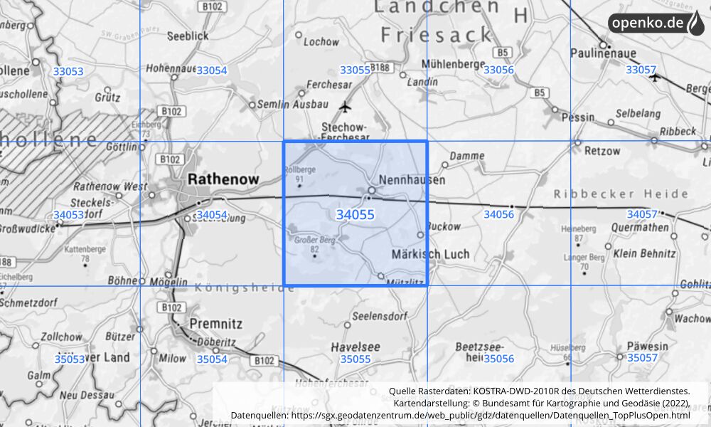 Übersichtskarte KOSTRA-DWD-2010R Rasterfeld Nr. 34055 mit angrenzenden Feldern