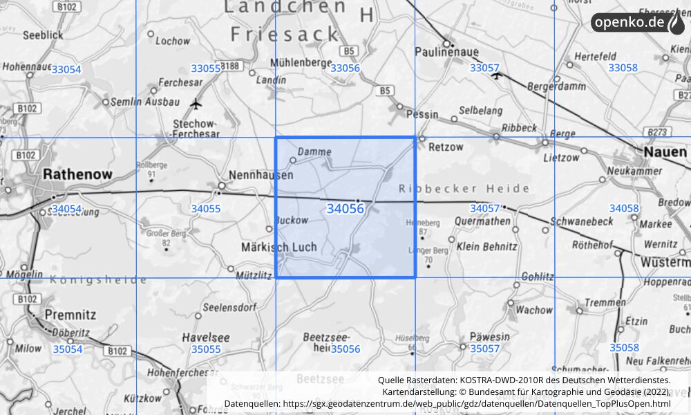 Übersichtskarte KOSTRA-DWD-2010R Rasterfeld Nr. 34056 mit angrenzenden Feldern