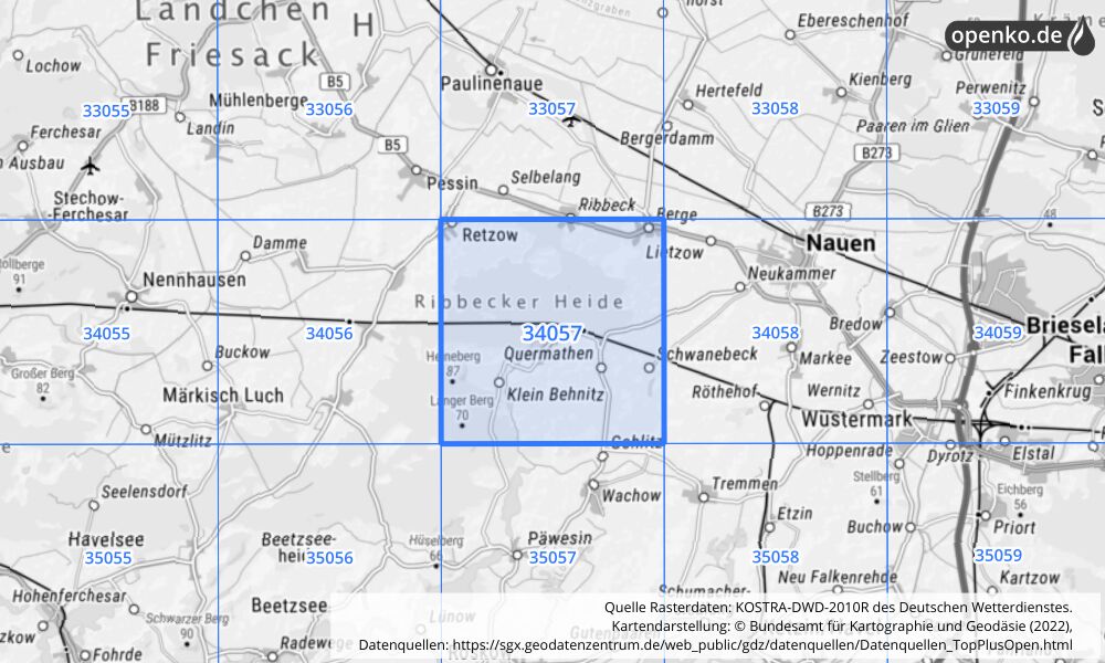 Übersichtskarte KOSTRA-DWD-2010R Rasterfeld Nr. 34057 mit angrenzenden Feldern