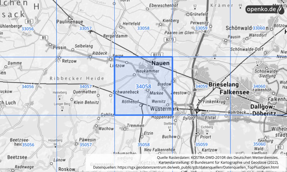 Übersichtskarte KOSTRA-DWD-2010R Rasterfeld Nr. 34058 mit angrenzenden Feldern