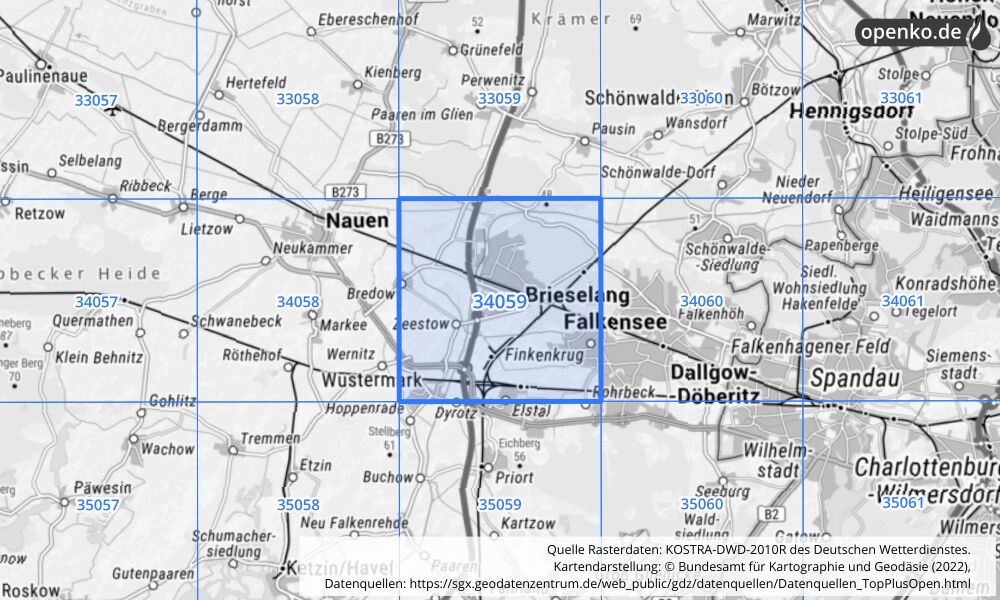 Übersichtskarte KOSTRA-DWD-2010R Rasterfeld Nr. 34059 mit angrenzenden Feldern