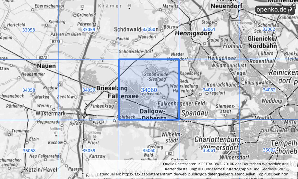 Übersichtskarte KOSTRA-DWD-2010R Rasterfeld Nr. 34060 mit angrenzenden Feldern