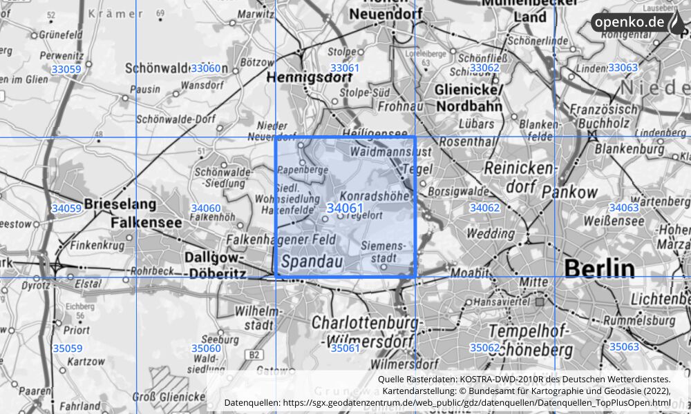Übersichtskarte KOSTRA-DWD-2010R Rasterfeld Nr. 34061 mit angrenzenden Feldern