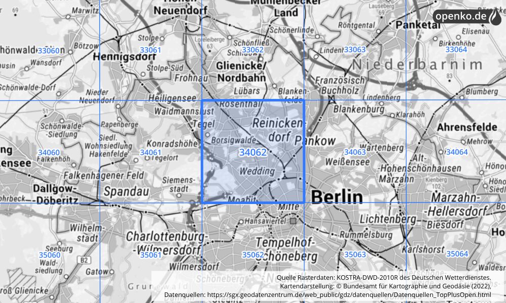 Übersichtskarte KOSTRA-DWD-2010R Rasterfeld Nr. 34062 mit angrenzenden Feldern