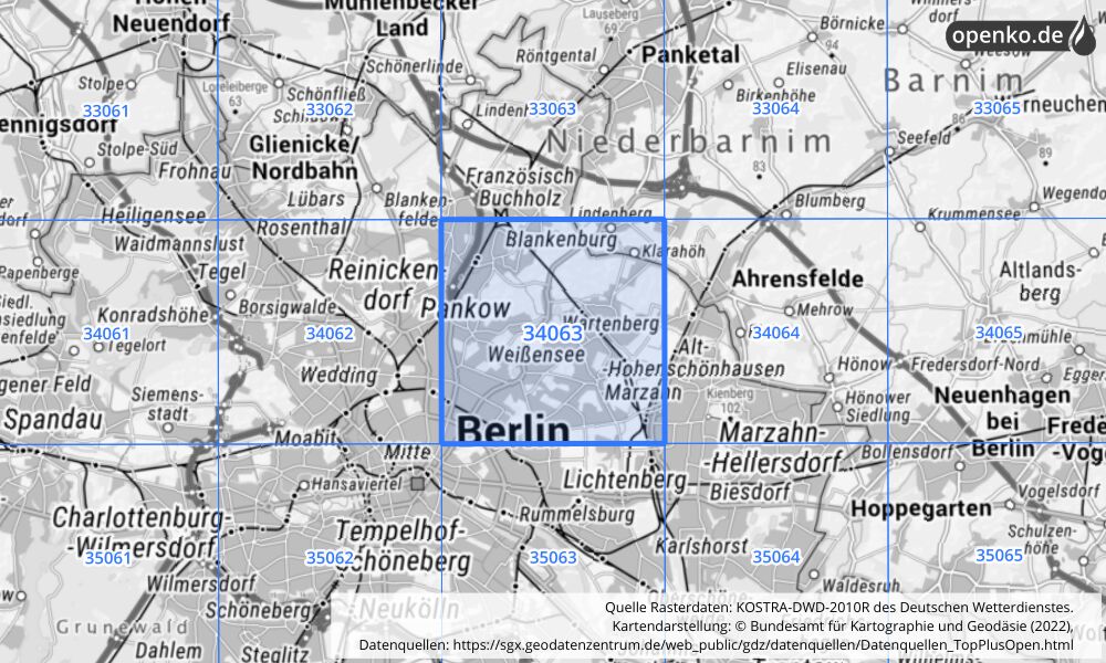 Übersichtskarte KOSTRA-DWD-2010R Rasterfeld Nr. 34063 mit angrenzenden Feldern