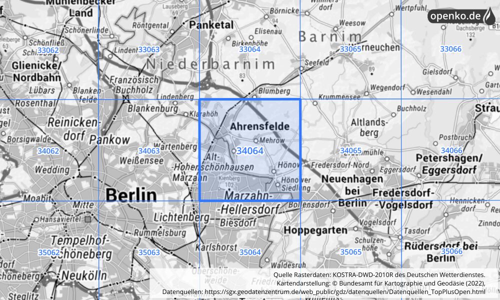 Übersichtskarte KOSTRA-DWD-2010R Rasterfeld Nr. 34064 mit angrenzenden Feldern