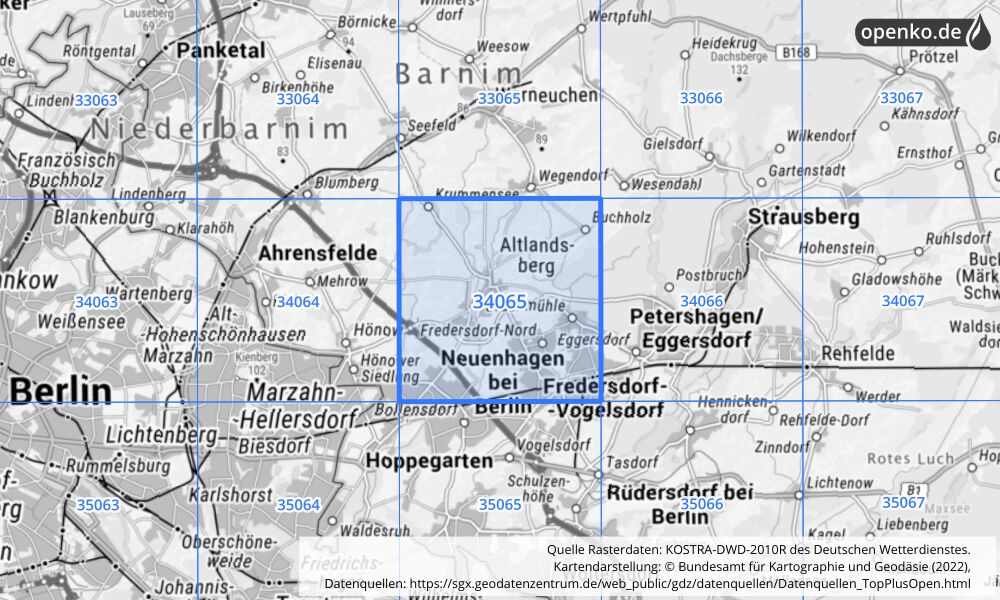 Übersichtskarte KOSTRA-DWD-2010R Rasterfeld Nr. 34065 mit angrenzenden Feldern