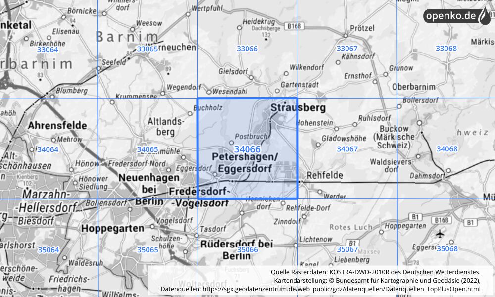 Übersichtskarte KOSTRA-DWD-2010R Rasterfeld Nr. 34066 mit angrenzenden Feldern