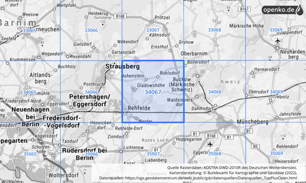 Übersichtskarte KOSTRA-DWD-2010R Rasterfeld Nr. 34067 mit angrenzenden Feldern