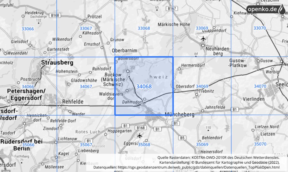 Übersichtskarte KOSTRA-DWD-2010R Rasterfeld Nr. 34068 mit angrenzenden Feldern