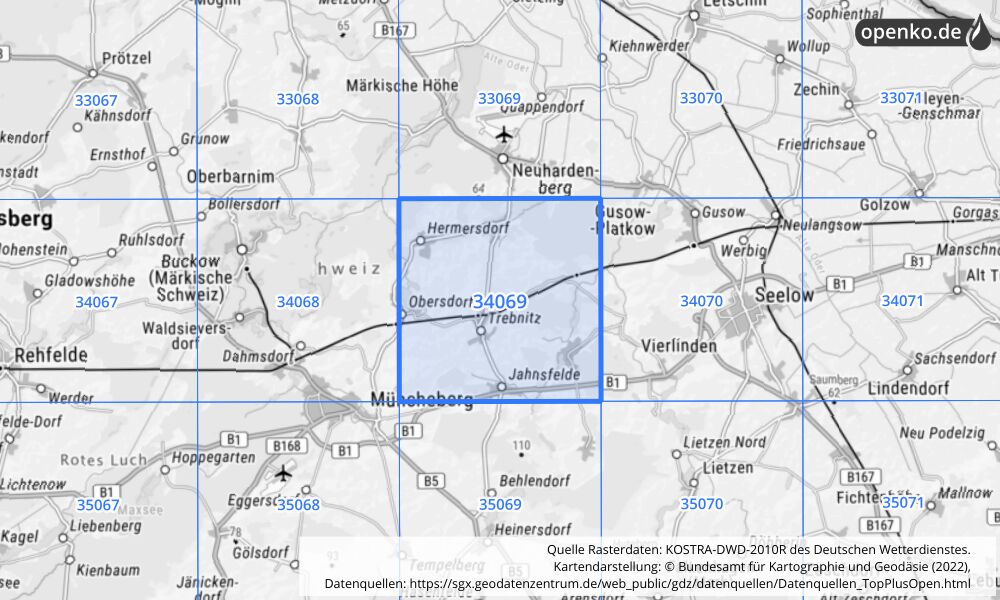Übersichtskarte KOSTRA-DWD-2010R Rasterfeld Nr. 34069 mit angrenzenden Feldern