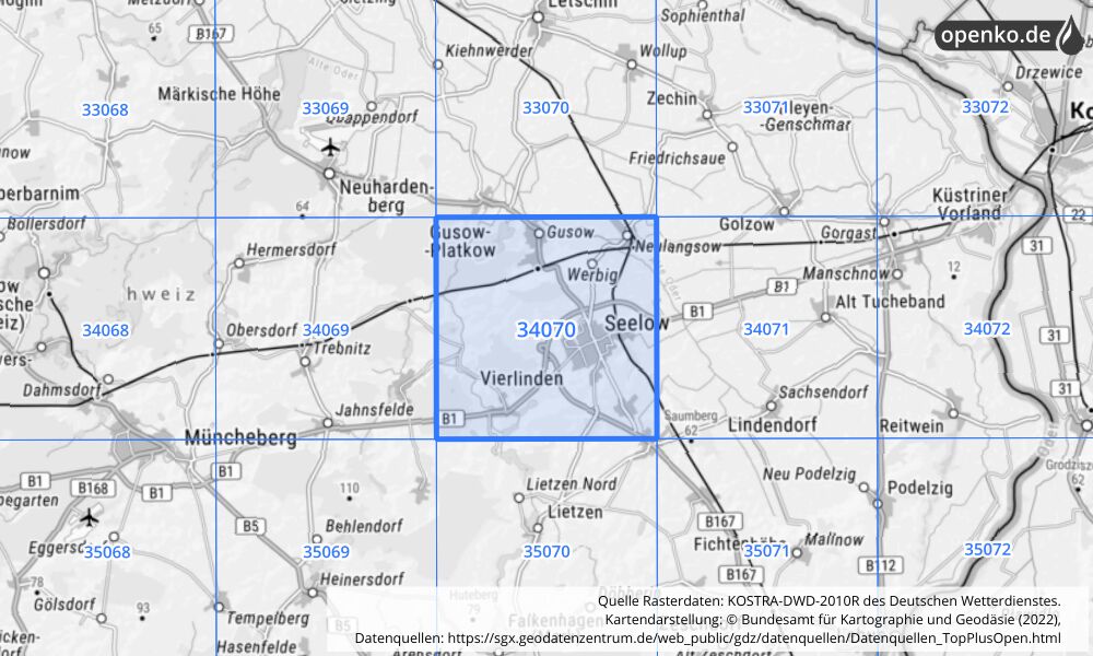 Übersichtskarte KOSTRA-DWD-2010R Rasterfeld Nr. 34070 mit angrenzenden Feldern