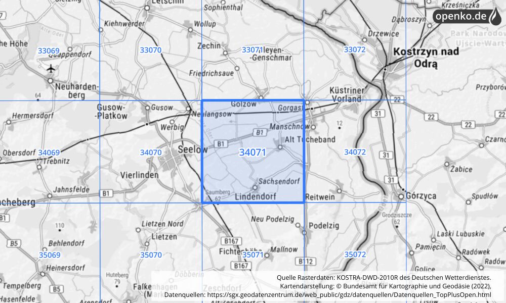 Übersichtskarte KOSTRA-DWD-2010R Rasterfeld Nr. 34071 mit angrenzenden Feldern