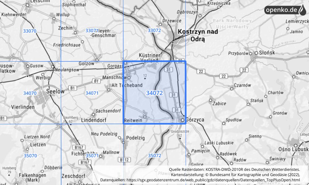 Übersichtskarte KOSTRA-DWD-2010R Rasterfeld Nr. 34072 mit angrenzenden Feldern