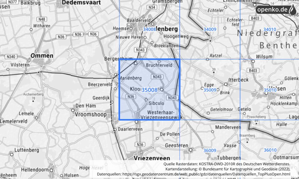 Übersichtskarte KOSTRA-DWD-2010R Rasterfeld Nr. 35008 mit angrenzenden Feldern