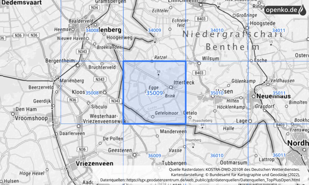 Übersichtskarte KOSTRA-DWD-2010R Rasterfeld Nr. 35009 mit angrenzenden Feldern