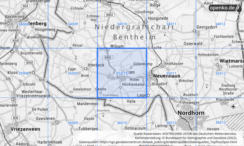 Übersichtskarte KOSTRA-DWD-2010R Rasterfeld Nr. 35010 mit angrenzenden Feldern