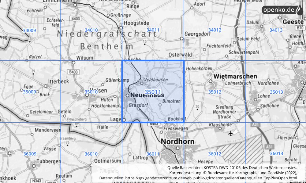 Übersichtskarte KOSTRA-DWD-2010R Rasterfeld Nr. 35011 mit angrenzenden Feldern