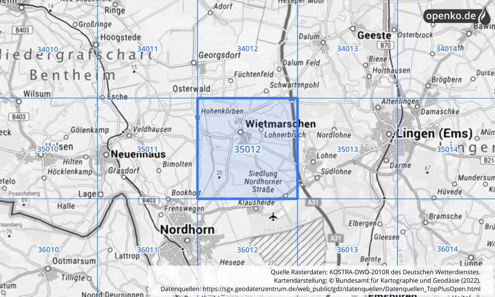 Übersichtskarte KOSTRA-DWD-2010R Rasterfeld Nr. 35012 mit angrenzenden Feldern