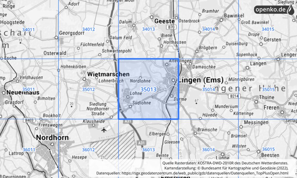 Übersichtskarte KOSTRA-DWD-2010R Rasterfeld Nr. 35013 mit angrenzenden Feldern