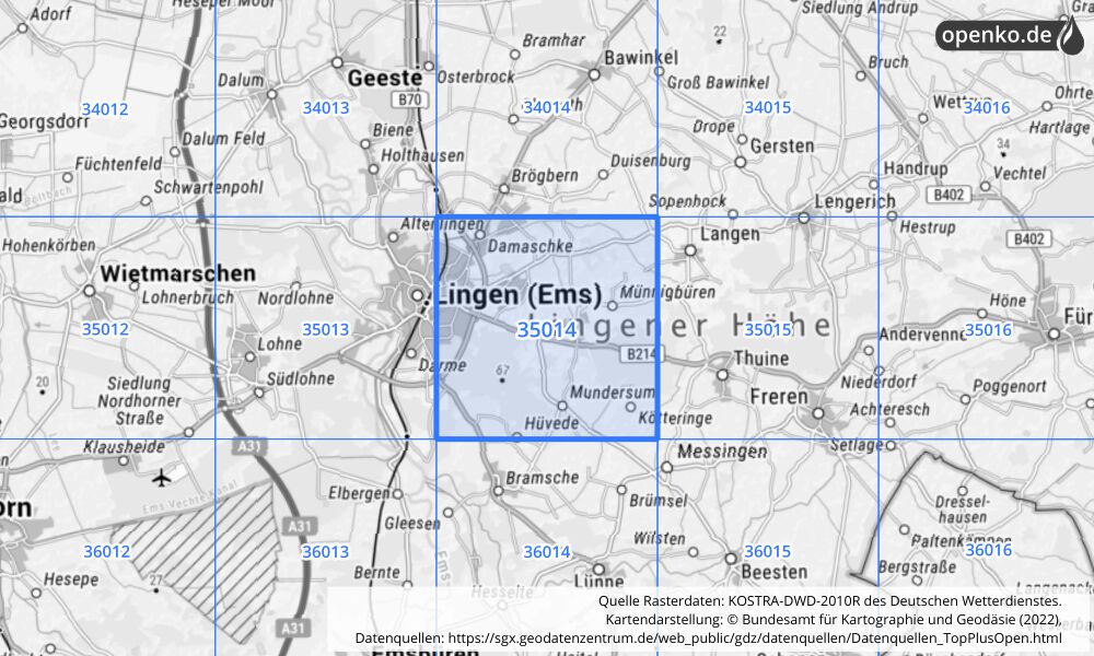 Übersichtskarte KOSTRA-DWD-2010R Rasterfeld Nr. 35014 mit angrenzenden Feldern