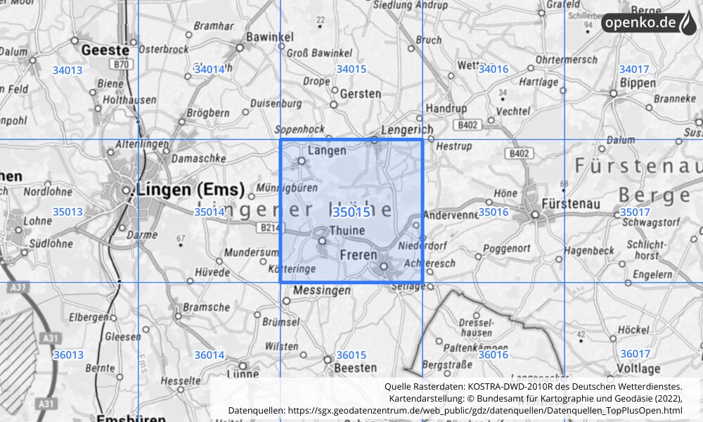 Übersichtskarte KOSTRA-DWD-2010R Rasterfeld Nr. 35015 mit angrenzenden Feldern