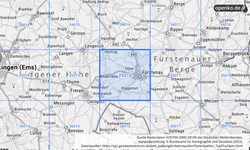 Übersichtskarte KOSTRA-DWD-2010R Rasterfeld Nr. 35016 mit angrenzenden Feldern