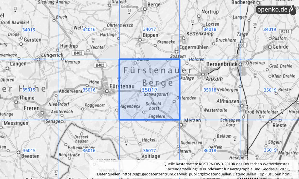 Übersichtskarte KOSTRA-DWD-2010R Rasterfeld Nr. 35017 mit angrenzenden Feldern