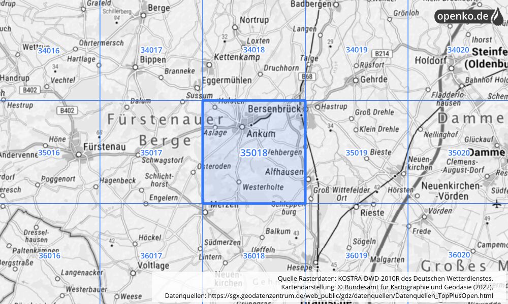 Übersichtskarte KOSTRA-DWD-2010R Rasterfeld Nr. 35018 mit angrenzenden Feldern