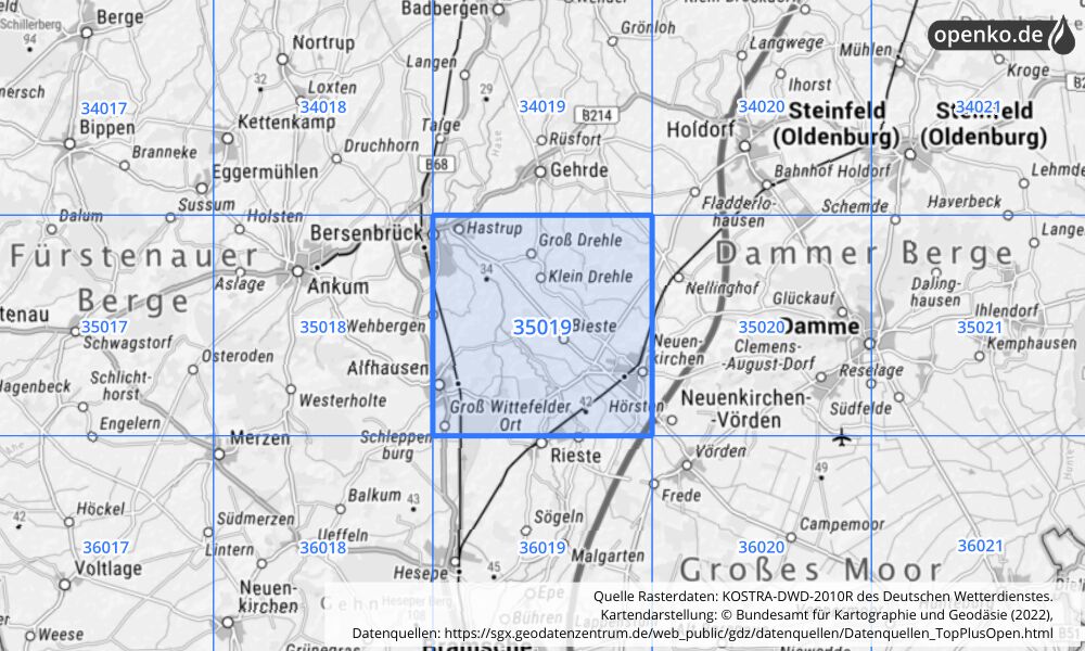 Übersichtskarte KOSTRA-DWD-2010R Rasterfeld Nr. 35019 mit angrenzenden Feldern