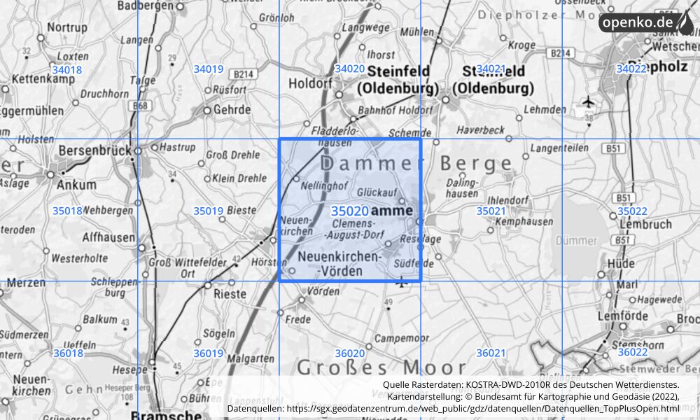 Übersichtskarte KOSTRA-DWD-2010R Rasterfeld Nr. 35020 mit angrenzenden Feldern