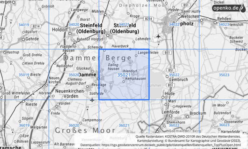 Übersichtskarte KOSTRA-DWD-2010R Rasterfeld Nr. 35021 mit angrenzenden Feldern