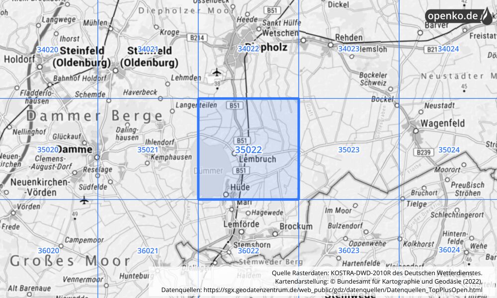 Übersichtskarte KOSTRA-DWD-2010R Rasterfeld Nr. 35022 mit angrenzenden Feldern