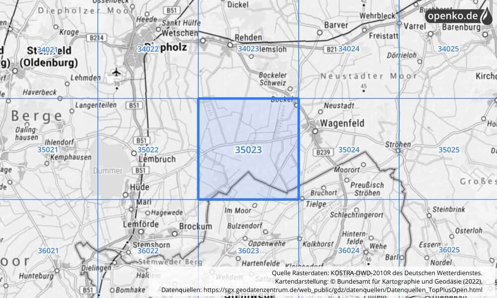 Übersichtskarte KOSTRA-DWD-2010R Rasterfeld Nr. 35023 mit angrenzenden Feldern