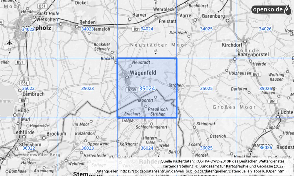 Übersichtskarte KOSTRA-DWD-2010R Rasterfeld Nr. 35024 mit angrenzenden Feldern