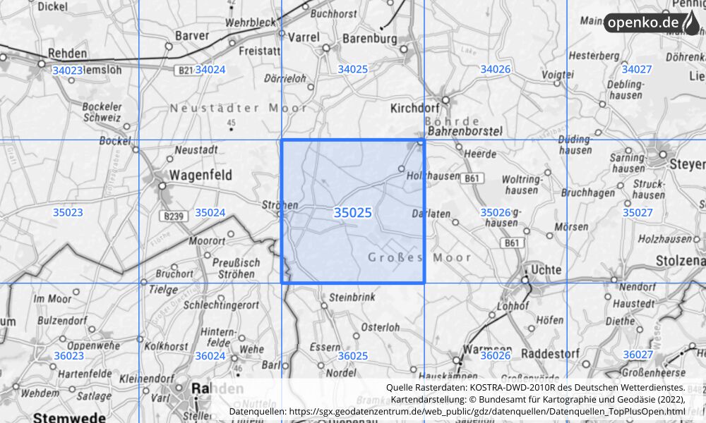 Übersichtskarte KOSTRA-DWD-2010R Rasterfeld Nr. 35025 mit angrenzenden Feldern