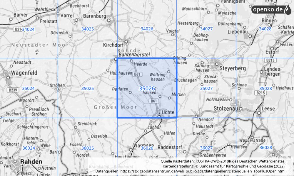 Übersichtskarte KOSTRA-DWD-2010R Rasterfeld Nr. 35026 mit angrenzenden Feldern