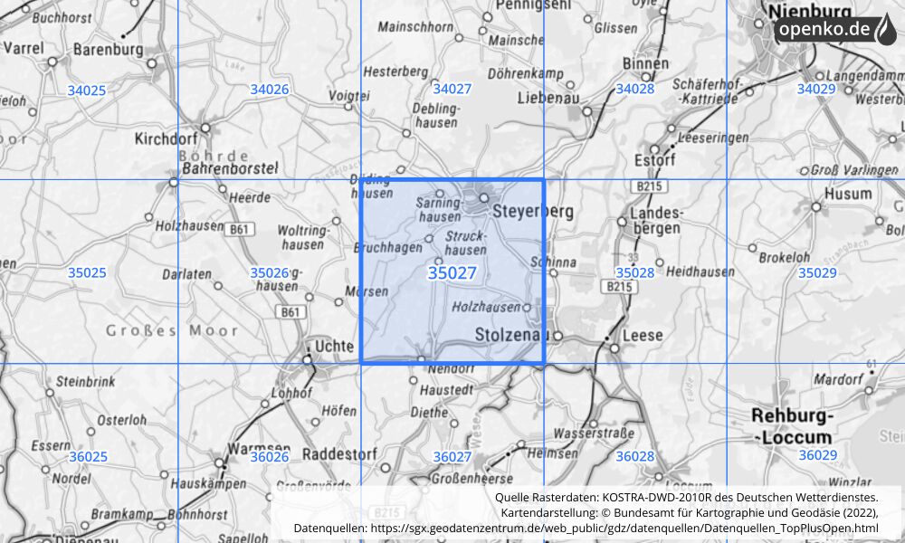 Übersichtskarte KOSTRA-DWD-2010R Rasterfeld Nr. 35027 mit angrenzenden Feldern