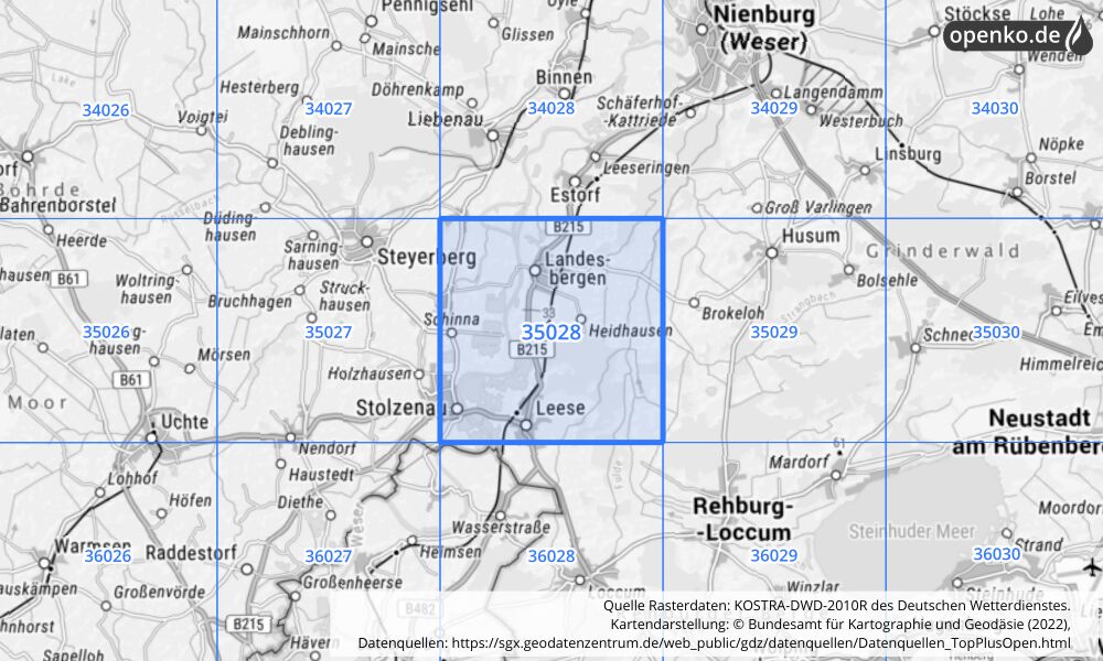 Übersichtskarte KOSTRA-DWD-2010R Rasterfeld Nr. 35028 mit angrenzenden Feldern