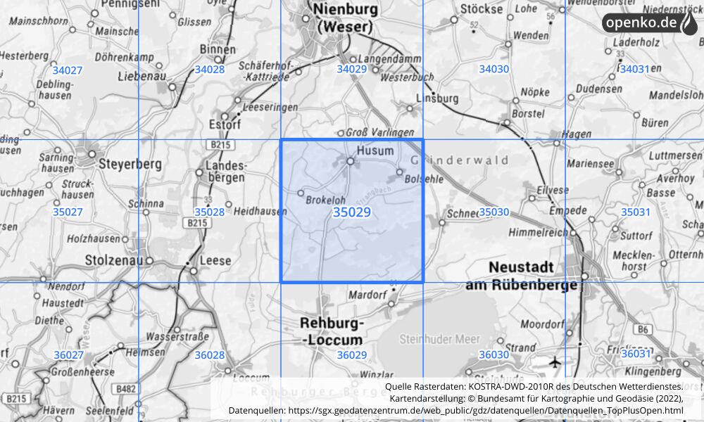 Übersichtskarte KOSTRA-DWD-2010R Rasterfeld Nr. 35029 mit angrenzenden Feldern