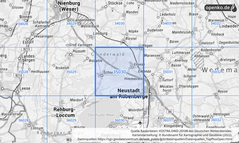 Übersichtskarte KOSTRA-DWD-2010R Rasterfeld Nr. 35030 mit angrenzenden Feldern