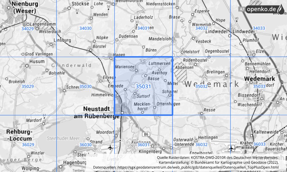 Übersichtskarte KOSTRA-DWD-2010R Rasterfeld Nr. 35031 mit angrenzenden Feldern