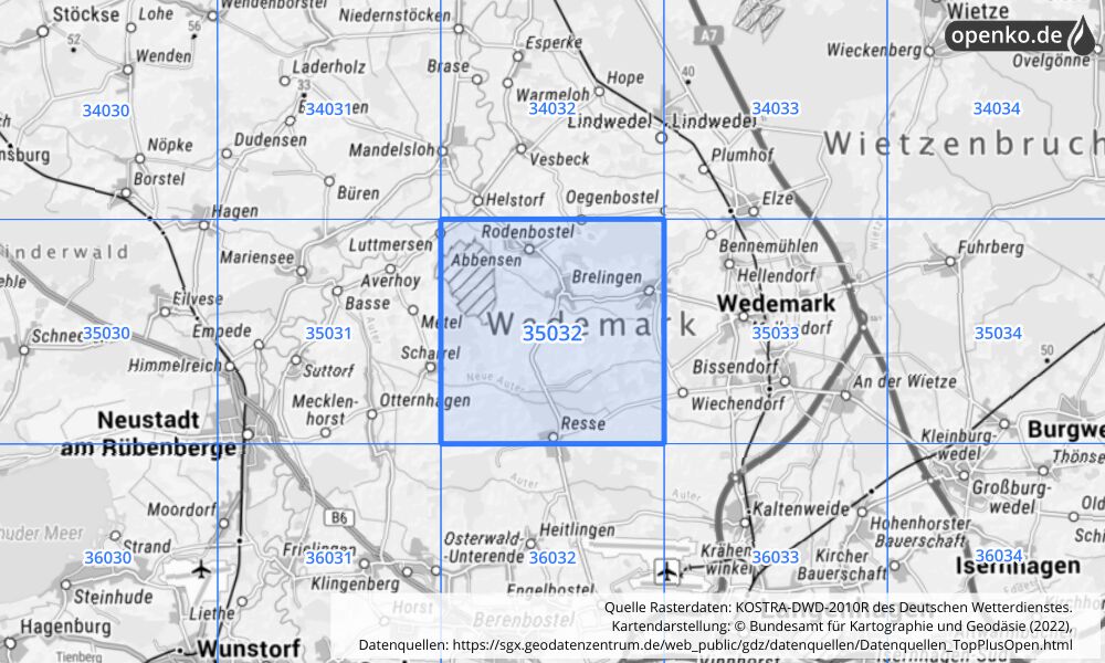 Übersichtskarte KOSTRA-DWD-2010R Rasterfeld Nr. 35032 mit angrenzenden Feldern