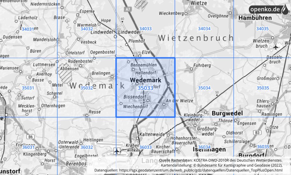 Übersichtskarte KOSTRA-DWD-2010R Rasterfeld Nr. 35033 mit angrenzenden Feldern