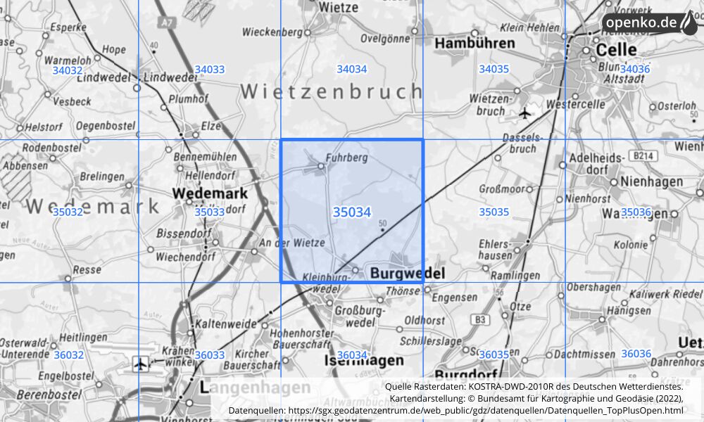 Übersichtskarte KOSTRA-DWD-2010R Rasterfeld Nr. 35034 mit angrenzenden Feldern