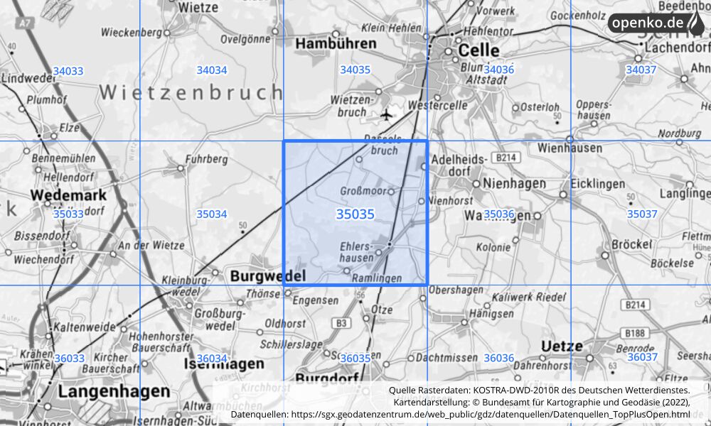 Übersichtskarte KOSTRA-DWD-2010R Rasterfeld Nr. 35035 mit angrenzenden Feldern