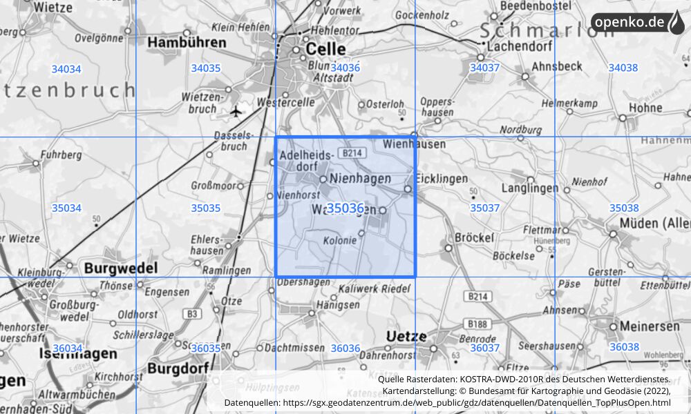 Übersichtskarte KOSTRA-DWD-2010R Rasterfeld Nr. 35036 mit angrenzenden Feldern